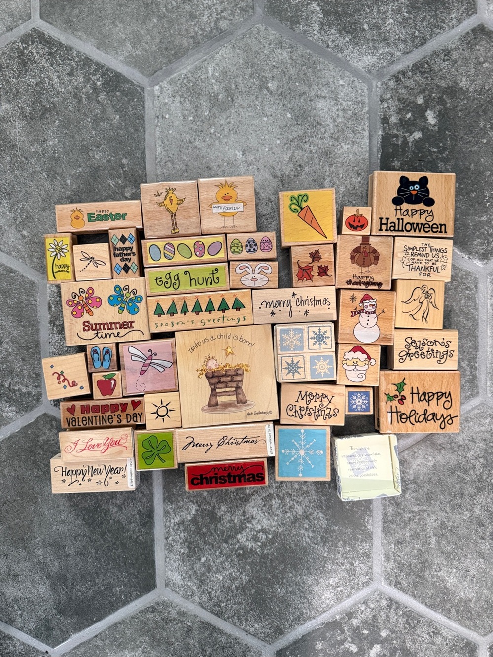 Giant Lot of 43 Mixed Holiday Wooden Rubber Stamps - Assorted Seasonal Designs